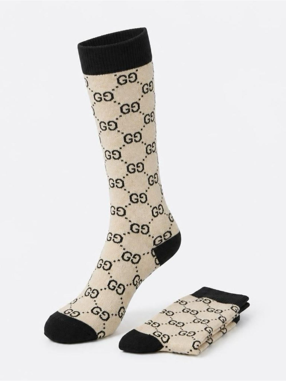 Luxury-Pattern Crew Socks in Cream and Black - Picture 2 of 4